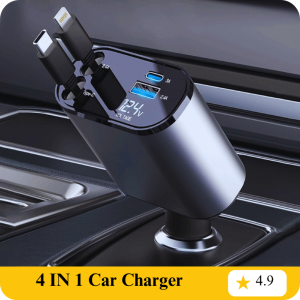 120W Fast Car Charger (2025 New Version) with 80CM Retractable Type-C Charging for 4 Devices – Universal Car Mobile Charger for All Smartphones & Tablets (Car Charger)