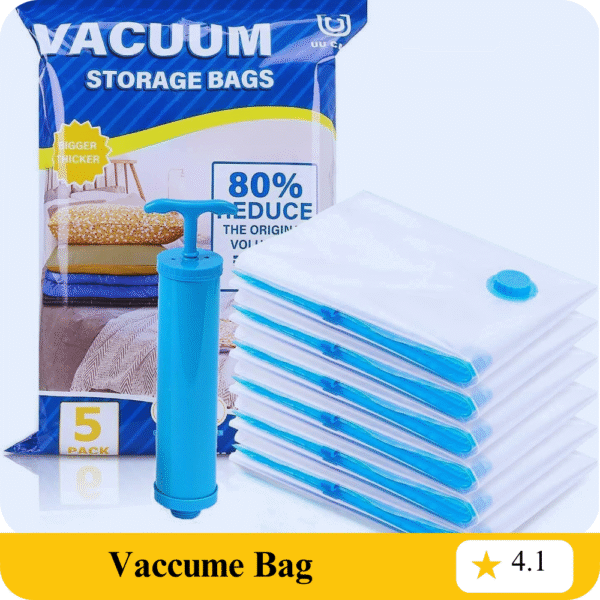 Vacuum Storage Bags for Clothes with Hand Pump – 5-Pack Space Saver Bags for Travel & Home – Self-Compression Organizer for Blankets, Comforters, Jackets & Sweaters (Vacuum Storage Bags)