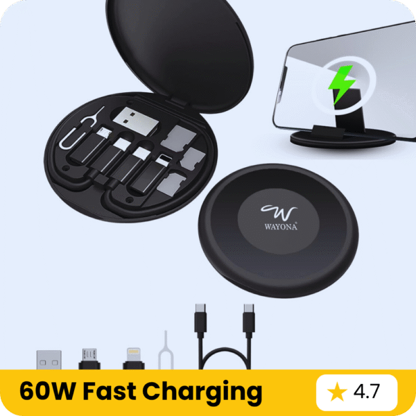 All-in-One 60W Fast Charging Travel Cable Kit with USB-C, Micro, and Lightning Converters + SIM Card Storage & Phone Holder